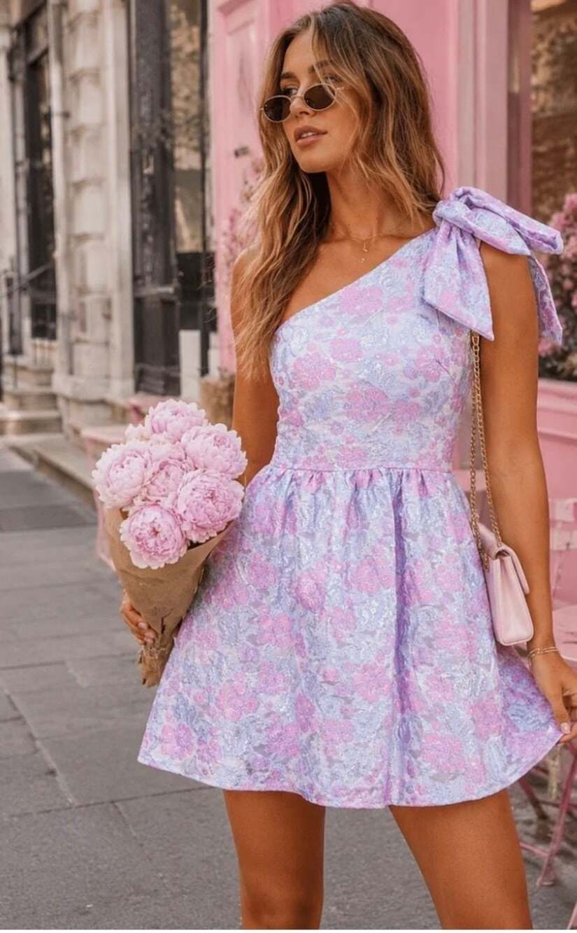 WOMEN'S ONE SHOULDER FRONT POCKETS FLORAL SHIMMER MINI DRESS